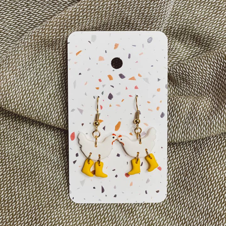 Sydni Carlson Art - Wholesale Dangle Earrings - White Chickens with Boots Earrings