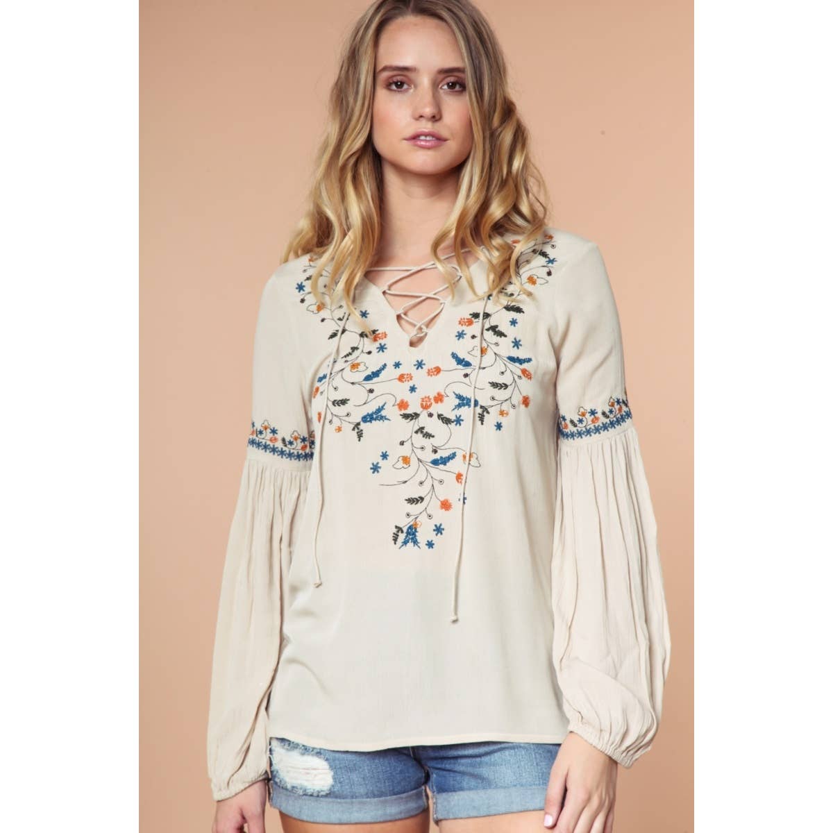 Naked Zebra Rack – wholesale Blouse – Women’s – Embroidered Lace Up Long Sleeve Blouse9