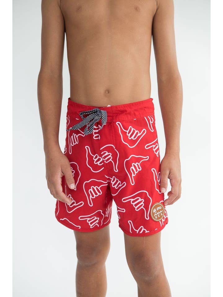 Kid’s Retro Boardshorts in Red Shaka for wholesale on Faire