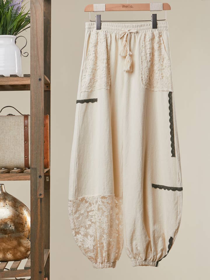 Lace Accents Patchwork Crochet Jogger Pants for wholesale by Mello.