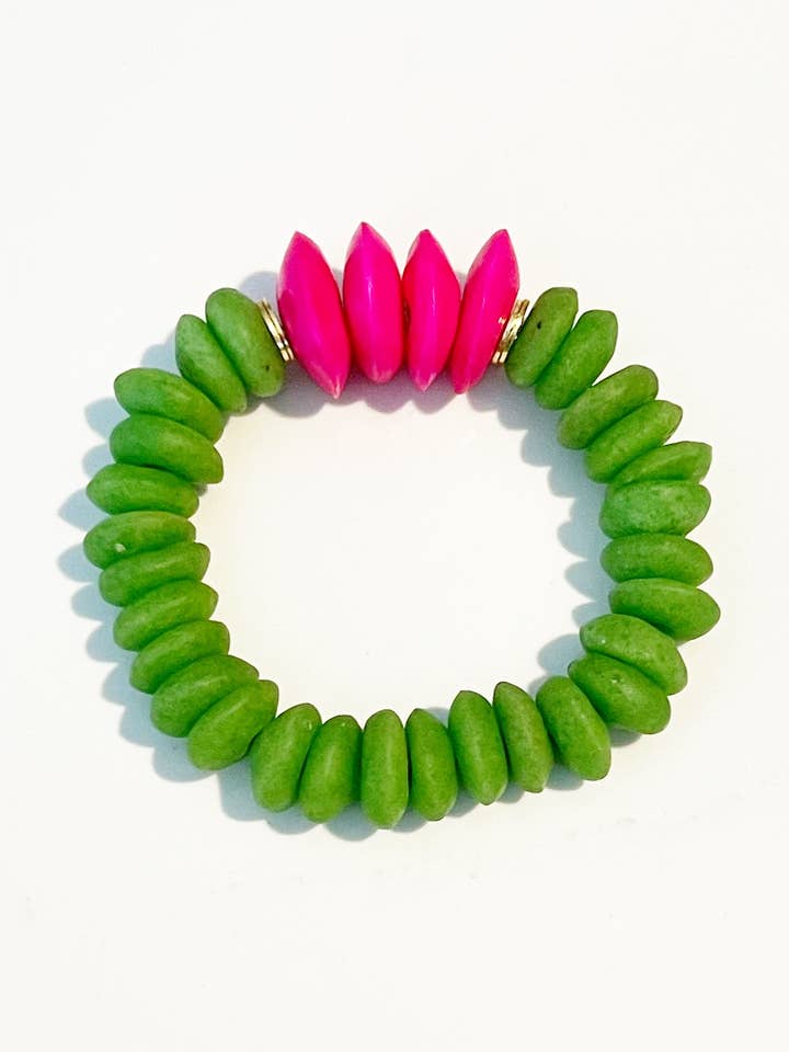 Ashanti & Pink African Bone Bead Stretch Bracelet- Green for wholesale by GentrybyJenna