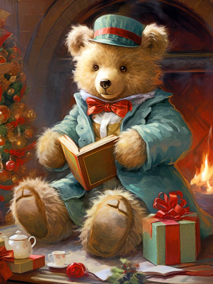 Teddy's Hearthside Christmas for wholesale by Singing Crow Studio - Classic Christmas Art Prints