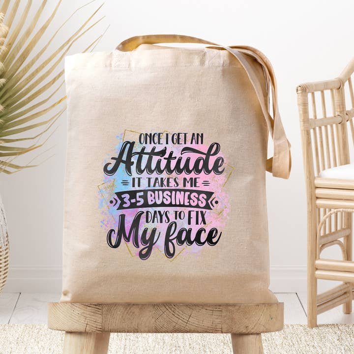 Funny 3-5 Biz Days / Fix Face / Sarcastic Canvas Tote Bag for wholesale by Dark Horse Dream Designs LLC