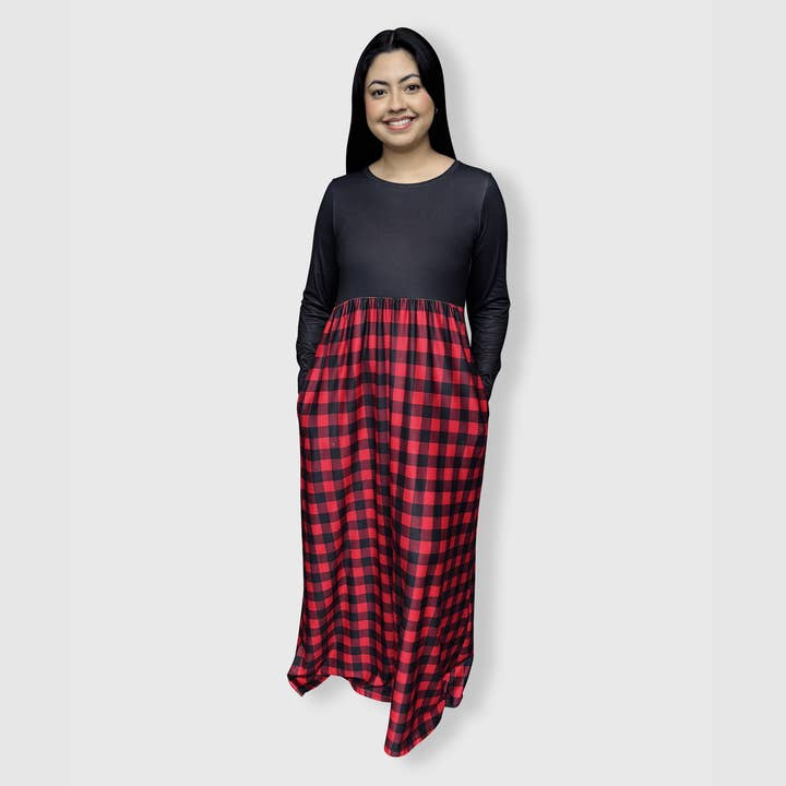 Plaid Red Black Long Sleeve Maxi Dress Women for wholesale by ILTEX Apparel