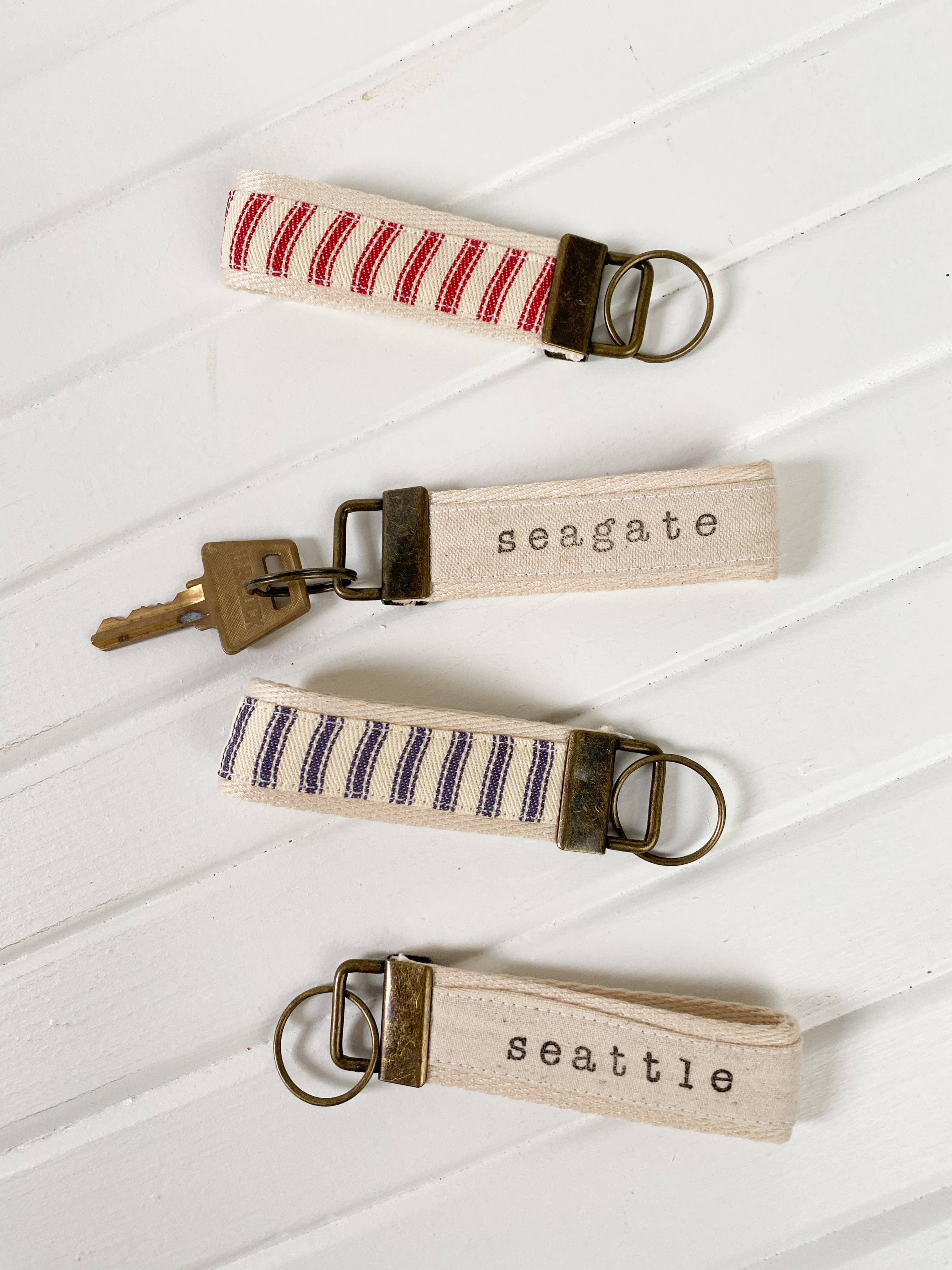 Seagate Studio - Wholesale Keychain - Unisex - Custom Town Name Navy and Red Ticking Canvas Key Fobs3
