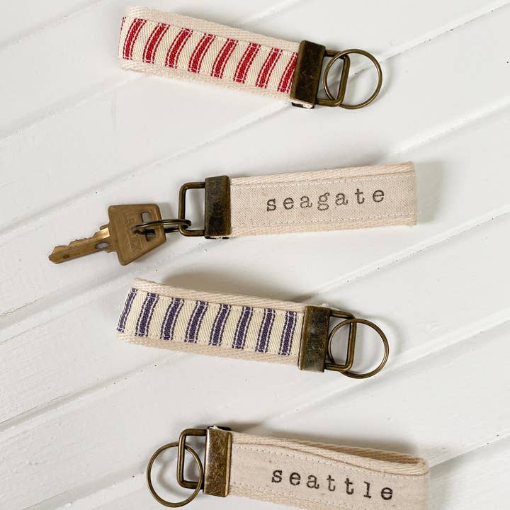 Seagate Studio - Wholesale Keychain - Unisex - Custom Town Name Navy and Red Ticking Canvas Key Fobs3