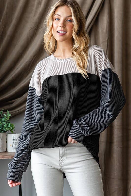 HEIMISH - Wholesale Knit Top - Women's - ET7662-10 LONG PUFF SLEEVE URBAN RIBBED COLOR BLOCK TOP0