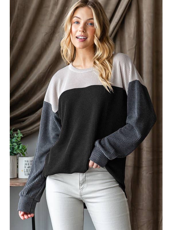 HEIMISH – wholesale Knit top – Women's – ET7662-10 LONG PUFF SLEEVE URBAN RIBBED COLOR BLOCK TOP