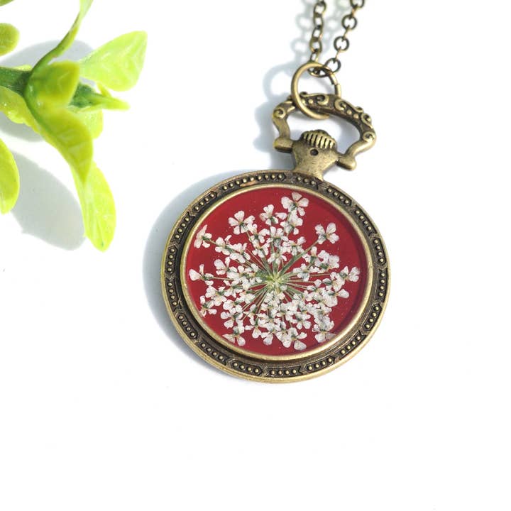 Pressed Flower Pocket Watch Necklace for wholesale by My Beverly Jewelry