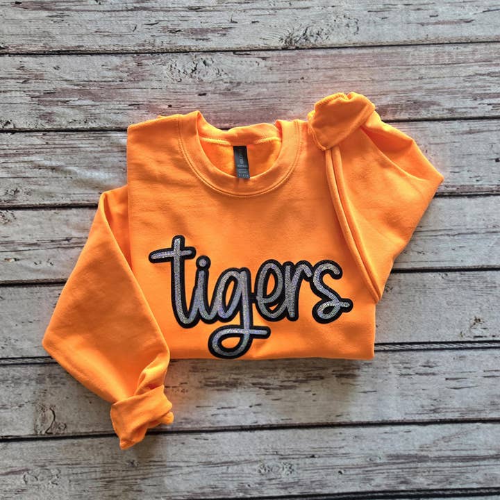 Real Sequin Tigers Sweatshirt, Bling Mascot Crewneck for wholesale by Shirts & Giggles