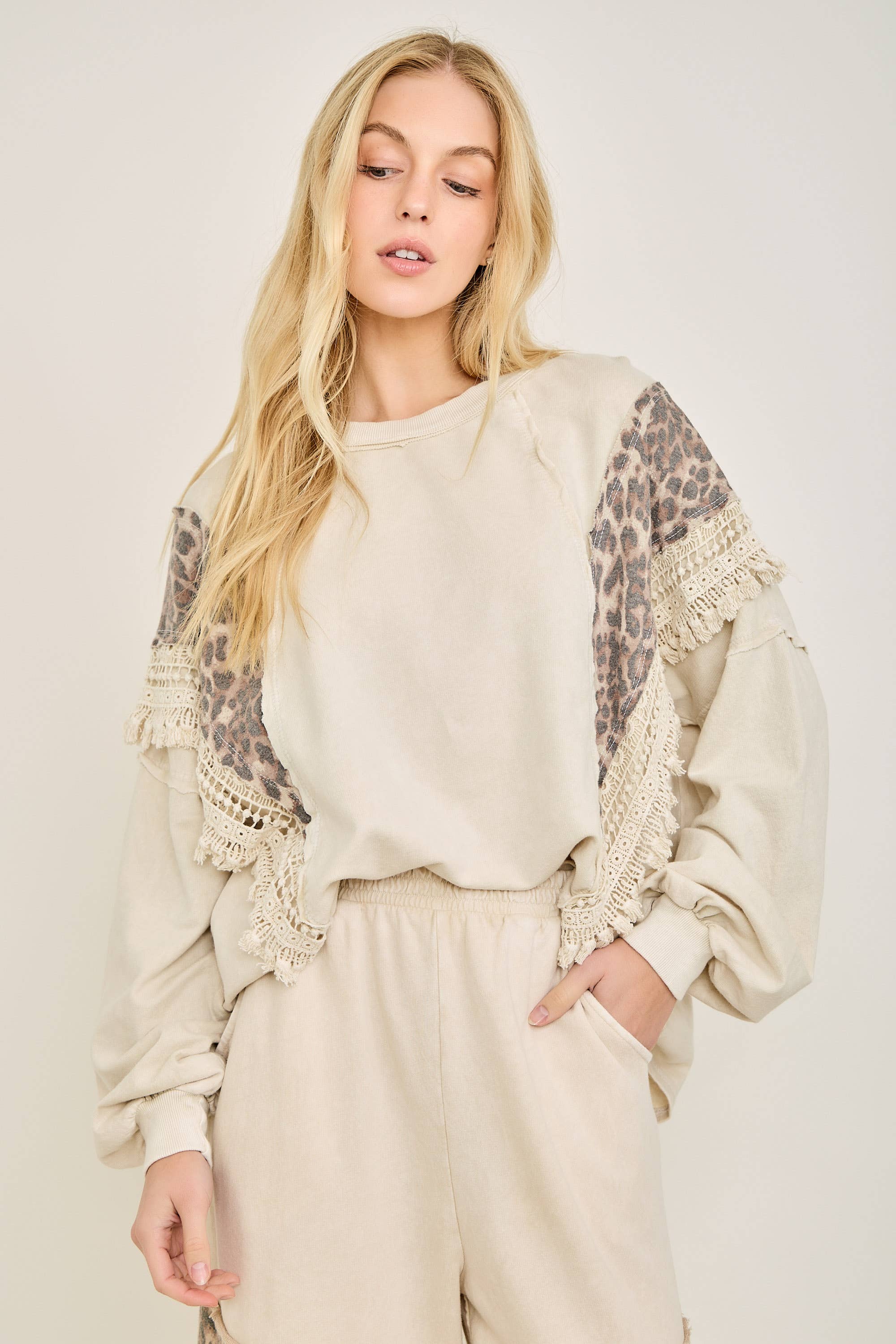 J.Her - Wholesale Blouse - Women's - Mineral Washed Cheetah Leopard Fringe tassel top HT672221