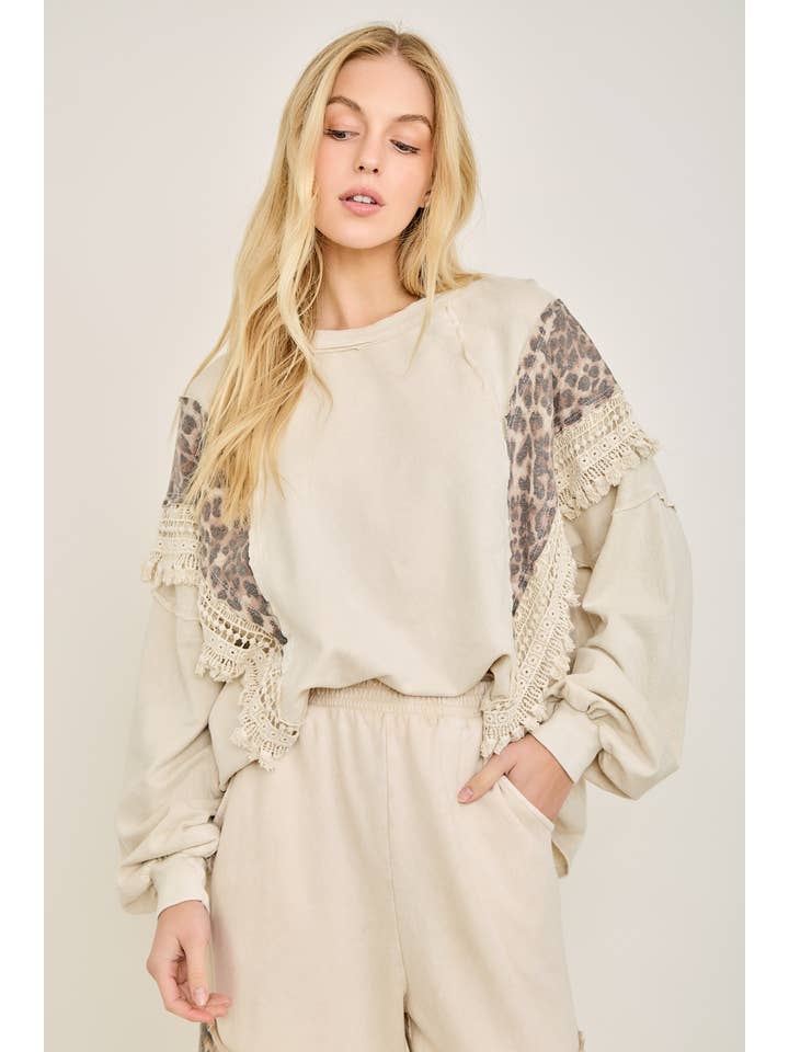 J.Her - Wholesale Blouse - Women's - Mineral Washed Cheetah Leopard Fringe tassel top HT672221