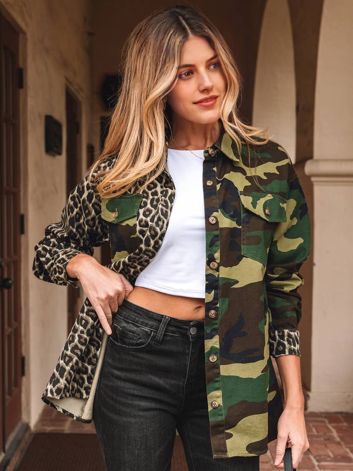 Leopard Camo Patchwork Oversize Shacket for wholesale by LiveFashionWay