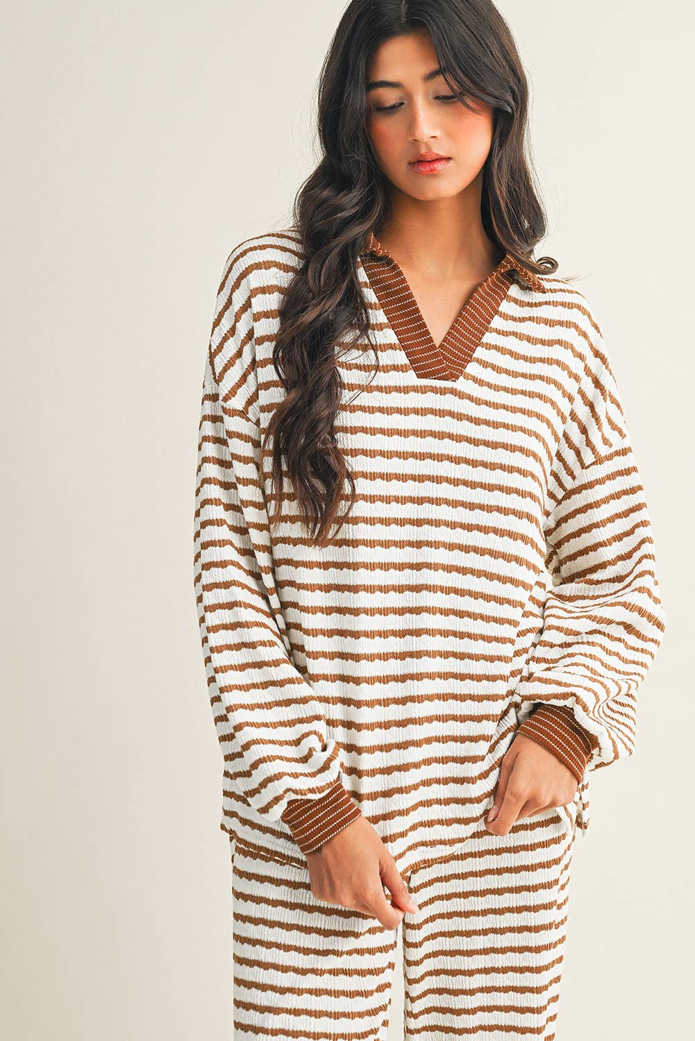 Little Daisy Closet - Wholesale Lounge Set - Women's -  LDC Stripe Collared Pullover Top and Drawstring Pant Set3