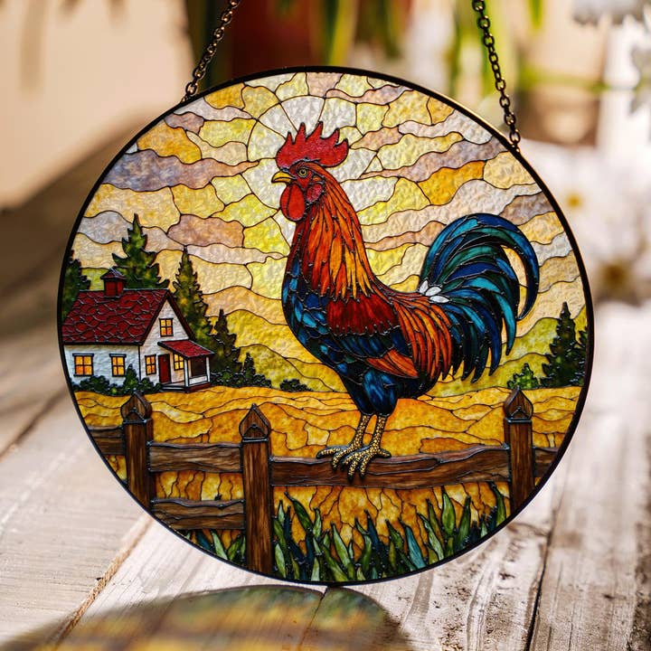 Rooster On Farm Stained Glass Suncatcher, Gift for Mom for wholesale by TMLECOM LTD