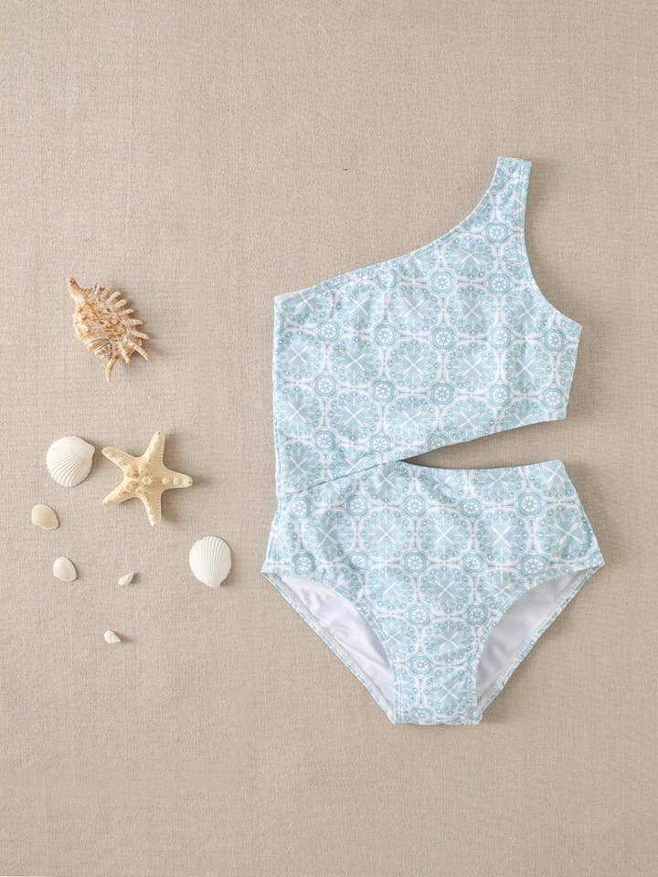 Dadati - Wholesale One Piece Swimsuit - Kids - Girl's swimsuit with asymmetric blue retro print3