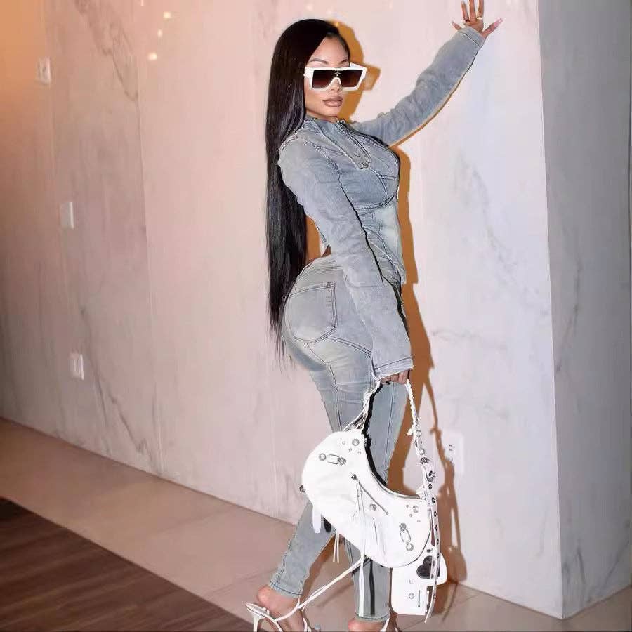 Light Blue Women Fashion Casual Irregular Zipper Long Sleeve Top Tight Jeans Set for wholesale on Faire2