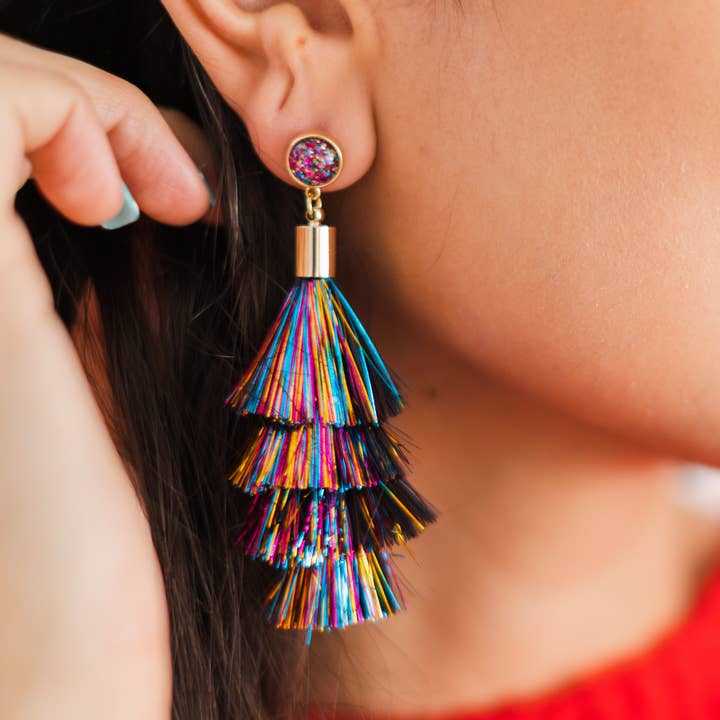 Tiered Tinsel Tassel Drop Earrings for wholesale by La Bella