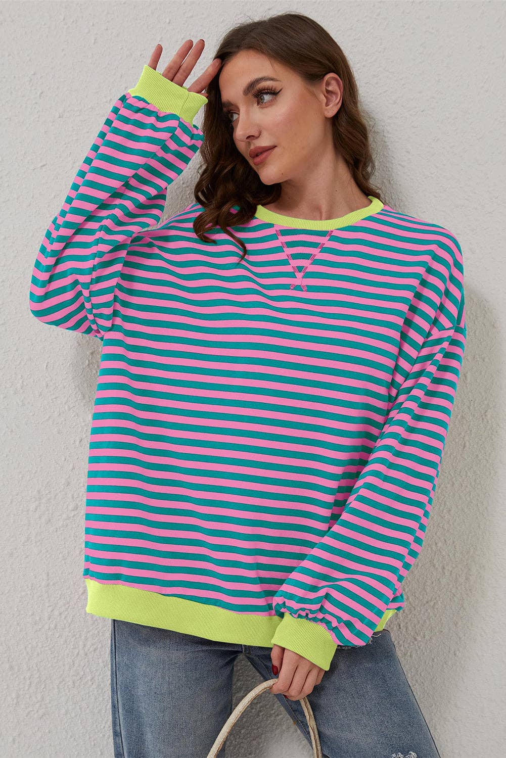 Green Stripe Oversized Colorblock Striped Pullover Sweatshirt for Women for wholesale on Faire12