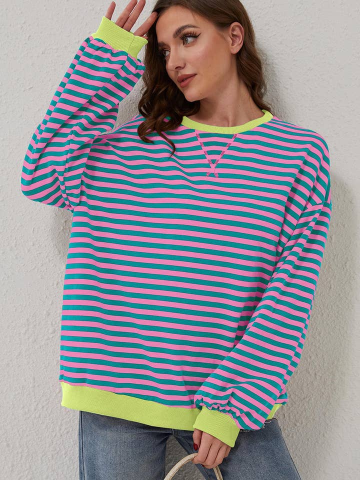 Green Stripe Oversized Colorblock Striped Pullover Sweatshirt for Women for wholesale on Faire12