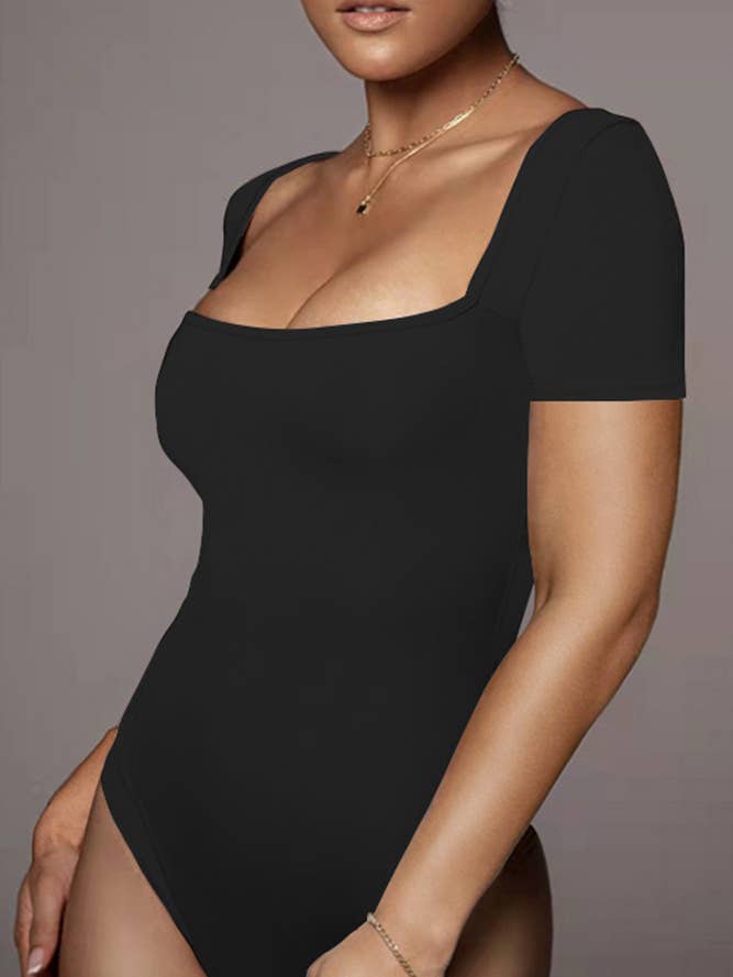 UNISHE - Wholesale Bodysuit - Women's - Plain Square Neck SHort Sleeves Bodysuit ZZKF8751