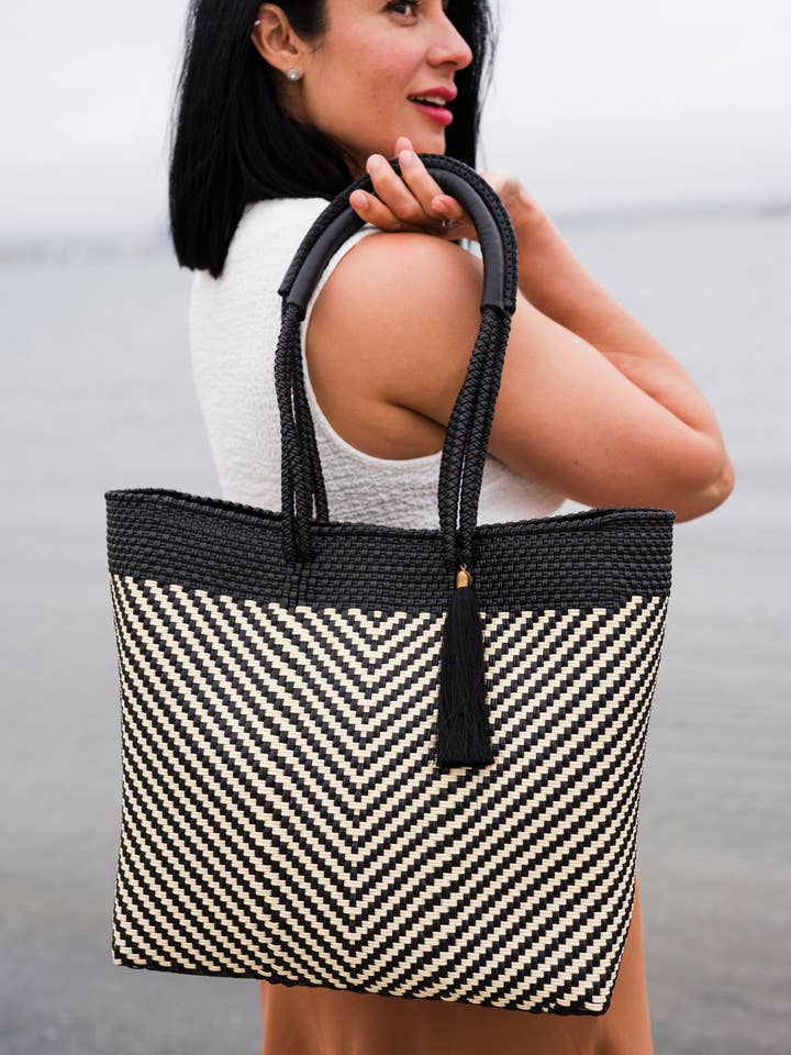 Ivory Black Luxe Tote Bag for wholesale by MAVIS BY HERRERA