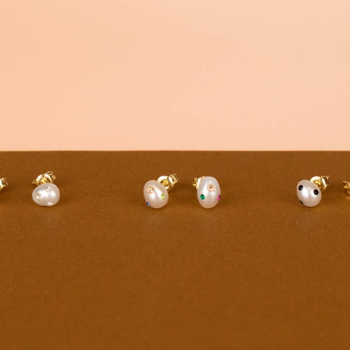 Cold Gold - Wholesale Stud/Post Earrings - The Aura Studs: Baroque Pearl and Rainbow Gemstone Earrings9