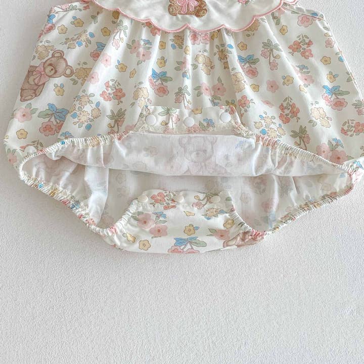 Beige Summer Arrival Baby Girls Cute Teddy and Flowers Pattern Sleeveless Onesies for wholesale on Faire