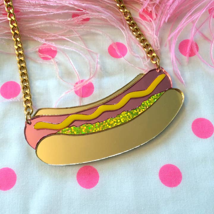 I'm Your Present - Wholesale Pendant/Charm Necklace - Hot Dog Laser Cut Acrylic Food Necklace, Laser Cut Acrylic, Plastic Jewelry3