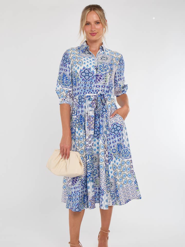 Blue Tile Print Half Sleeve Midi Shirt Dress for wholesale by Love Sunshine Wholesale