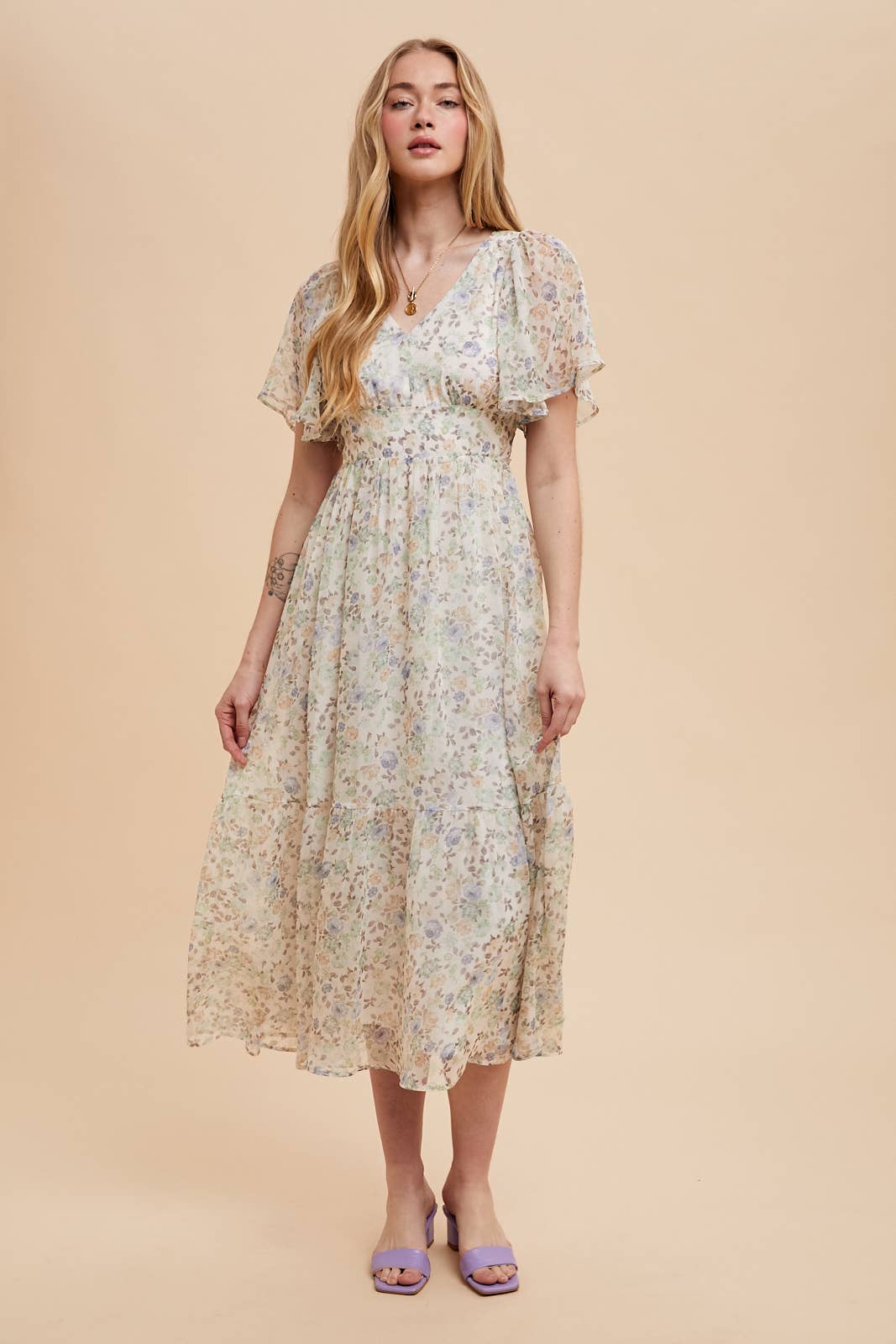 In Loom - Wholesale Dress - Women's - FLORAL FLUTTER SLEEVE MAXI DRESS0