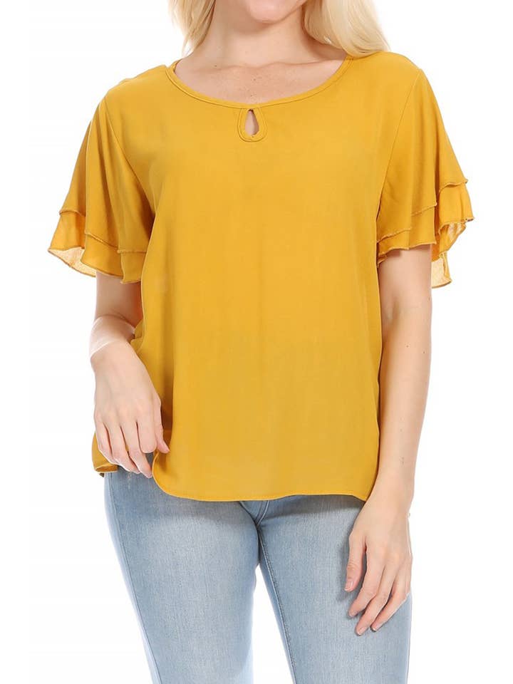 MOA COLLECTION - Wholesale Blouse - Women's - Casual Solid Flowy Short Flutter Sleeve Key Hole Blouse16