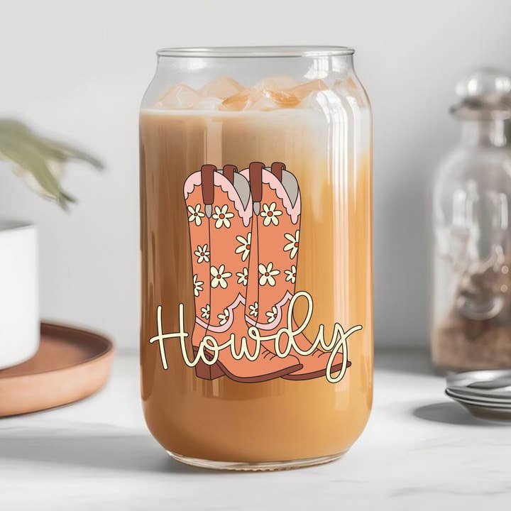 Copo de copo de vidro Howdy boot (castanho) can libbey por atacado de Weavey Studio