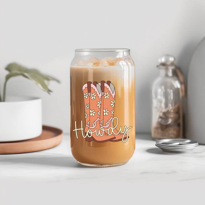 Howdy boot (brown) beer can libbey glass cup tumbler for wholesale by Weavey Studio