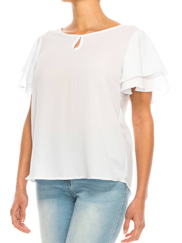 MOA COLLECTION - Wholesale Blouse - Women's - Casual Solid Flowy Short Flutter Sleeve Key Hole Blouse33