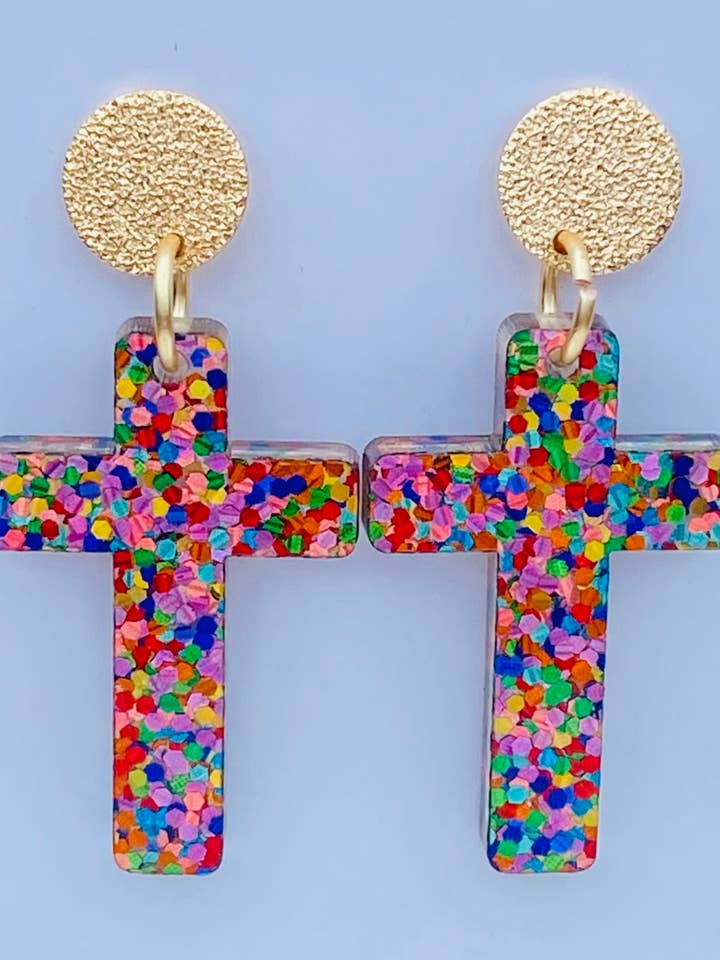 Candy Rainbow Cross Earrings | 18K Gold Plated for wholesale by Sandy Lou Designs
