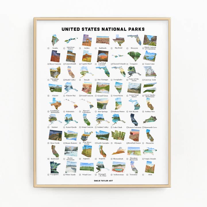 US National Park tracker Print | Alle 63 Nationalparker Plakat for engroshandel hos Emilie Taylor