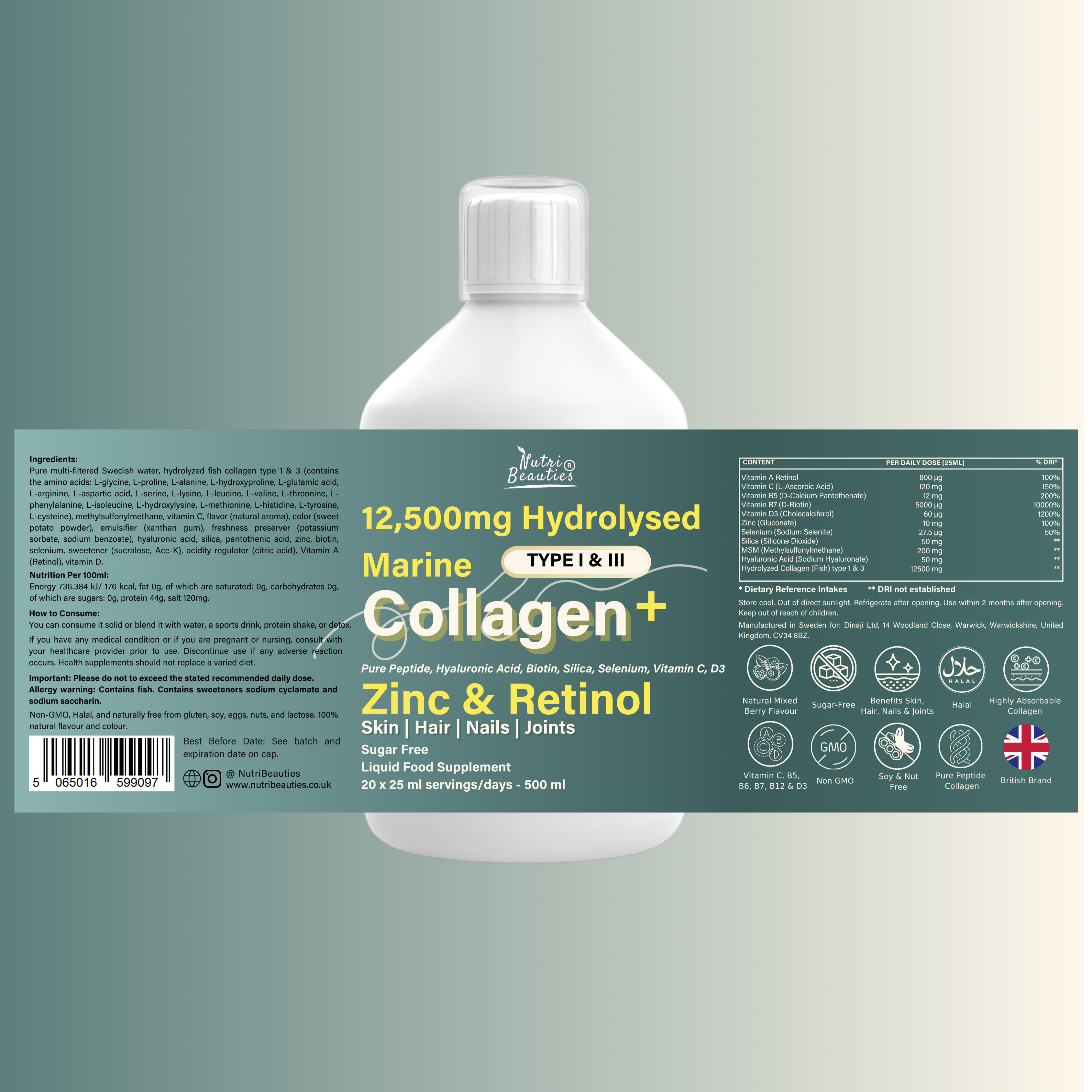 Nutri Beauties – wholesale Oral supplement/vitamin – NUTRI BEAUTIES 12,500mg Hydrolysed Marine Collagen PLUS Zinc & Retinol10