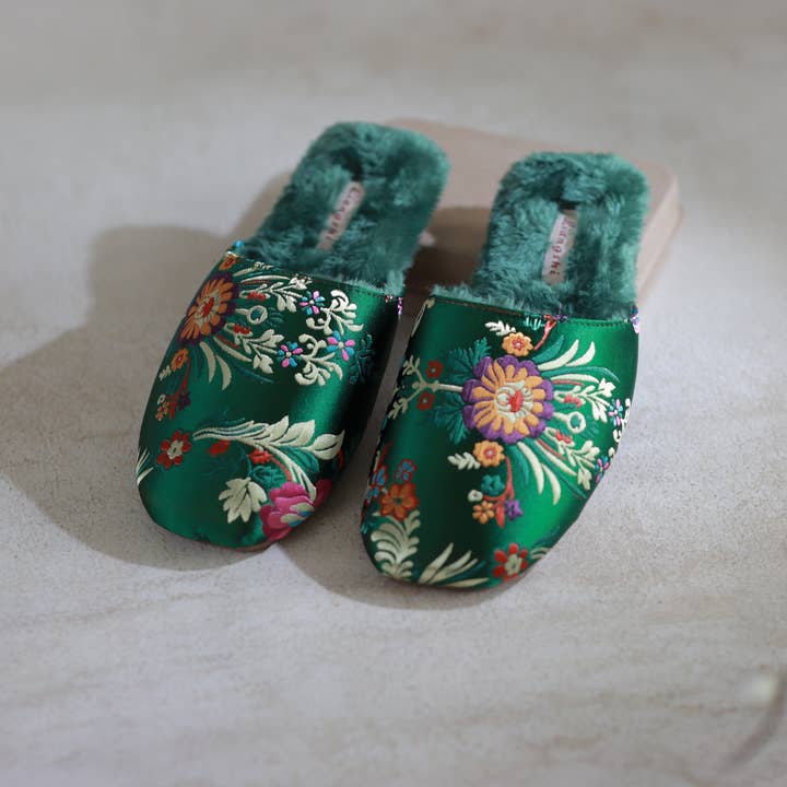 sage green Oriental Embroidered Women Slippers β Gift Idea For New Home for wholesale on Faire6