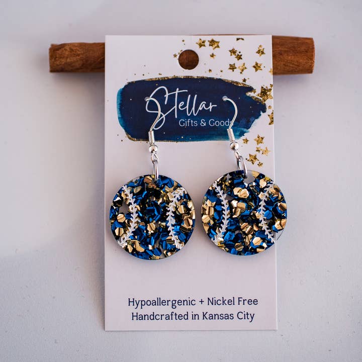 KC Baseball - Boucles d'Oreilles Pailletées Chunky Baseball Kansas City pour la vente par Stellar Gifts & Goods Wholesale