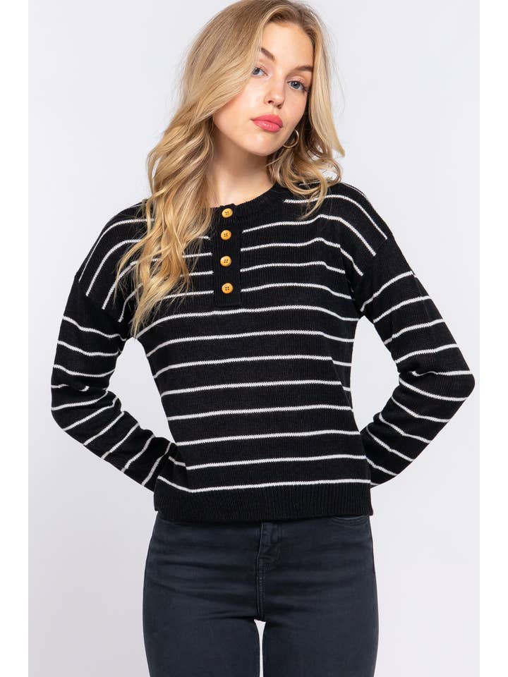 42POPS - Wholesale Knit Sweater - Women's - ,._ SI-24900 FITTED LONG SLV PLACKET STRIPE SWEATER