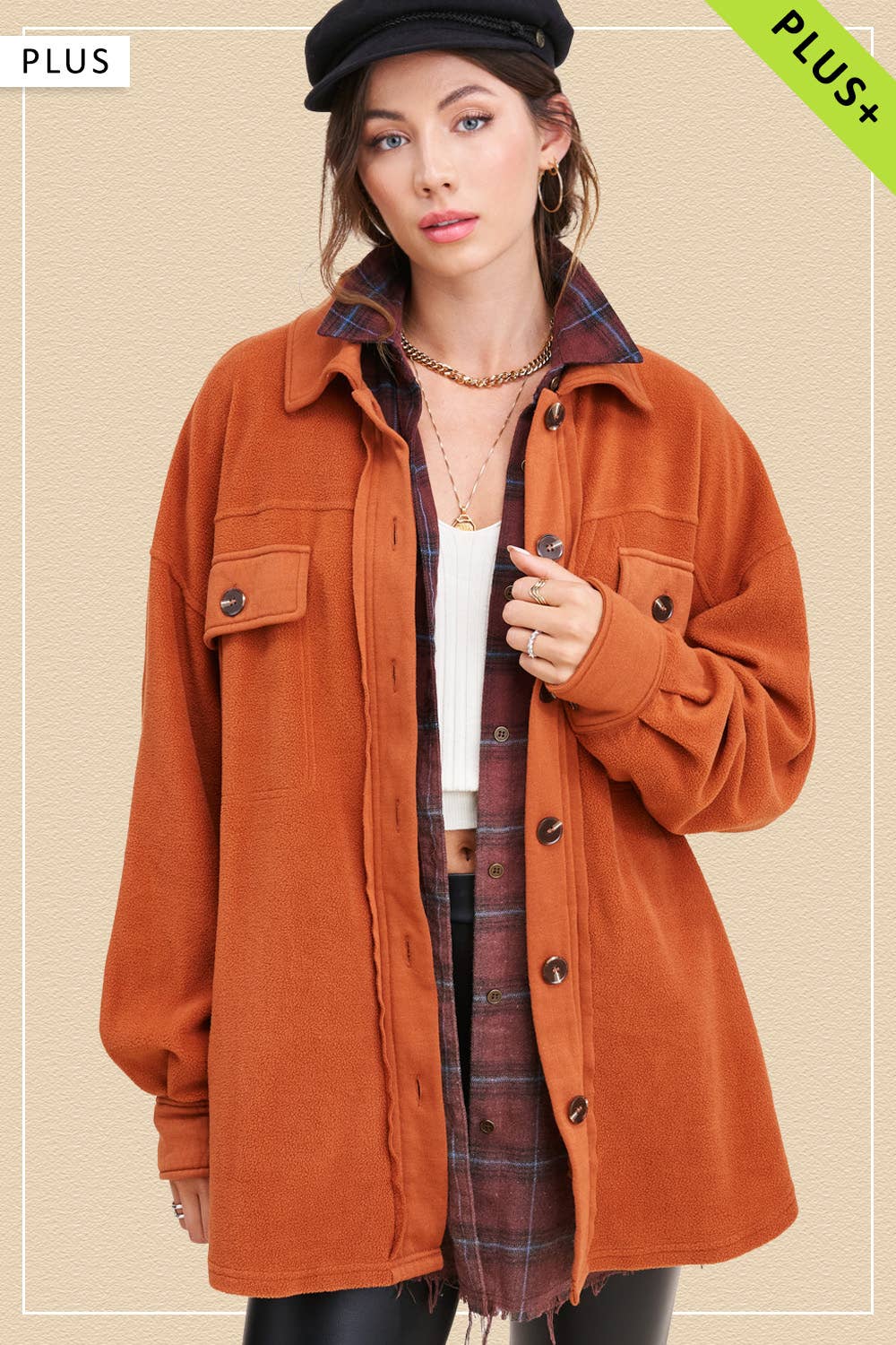La Miel - Wholesale Shirt Jacket/Shacket - Women's - JKT1712P-Plus Size Loose Fit Button Down Fleece Shacket1