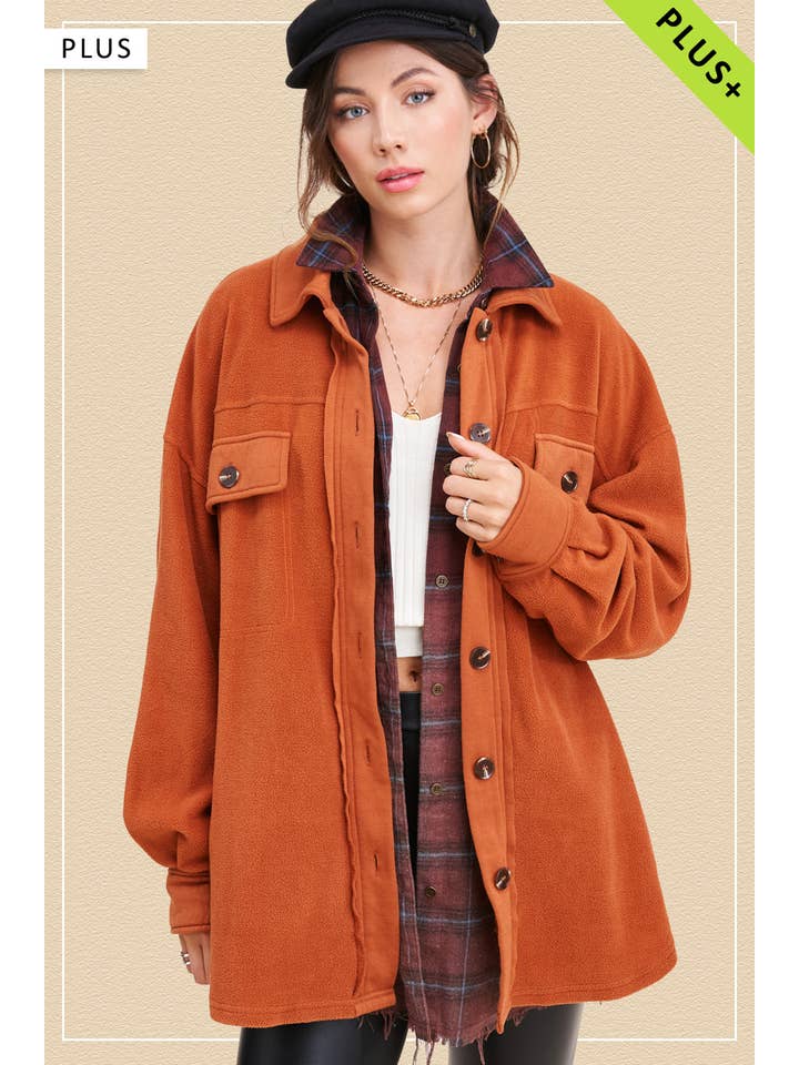 La Miel - Wholesale Shirt Jacket/Shacket - Women's - JKT1712P-Plus Size Loose Fit Button Down Fleece Shacket1