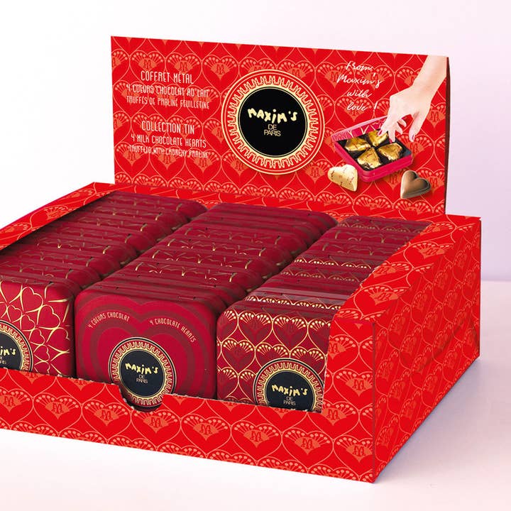 Maxim's - Wholesale Chocolate Box - Display 24 metal boxes with 4 chocolate hearts0