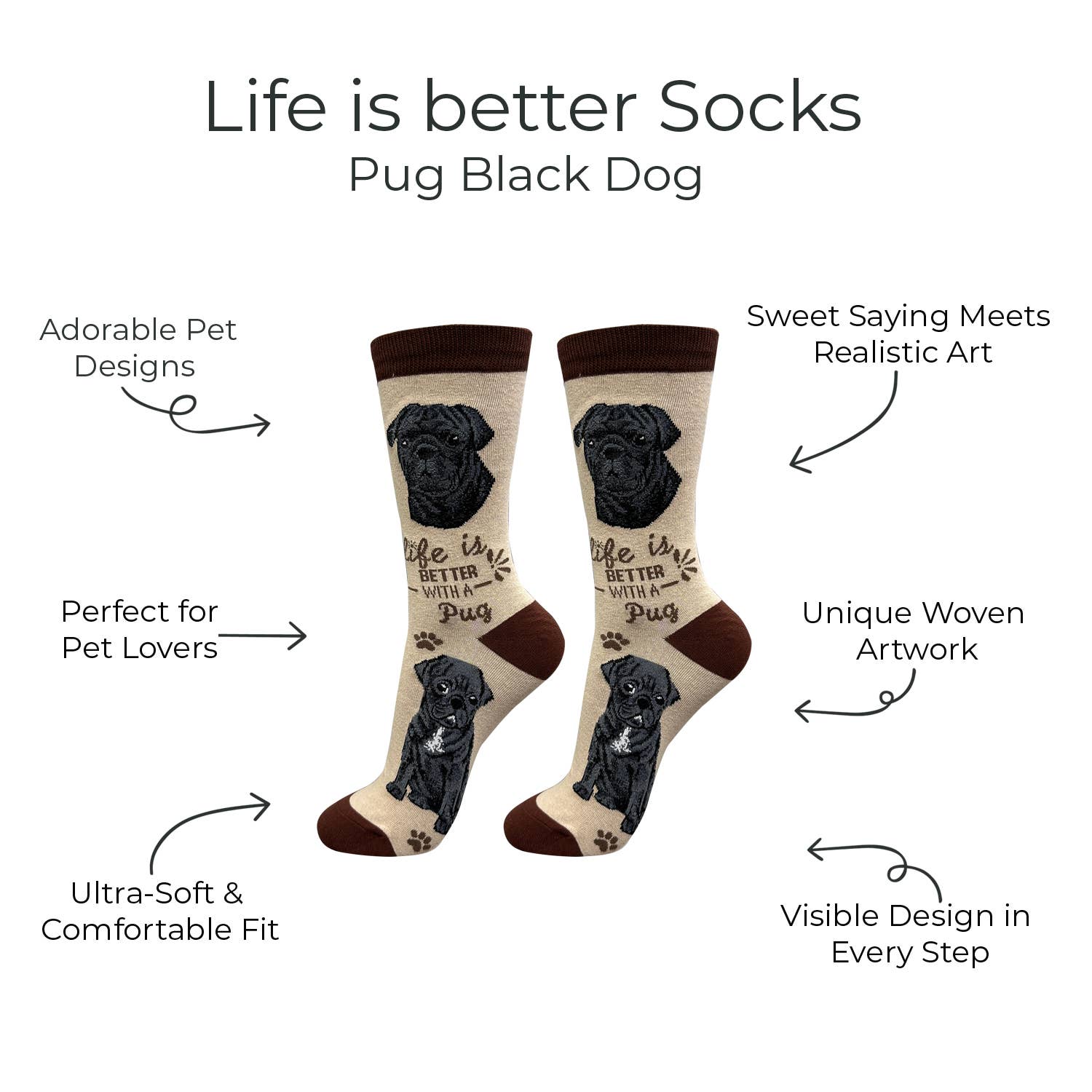 E&S Pets - Wholesale Socks - Unisex - Black Pug Dog Socks - Fun Novelty Crew Socks - Unisex2