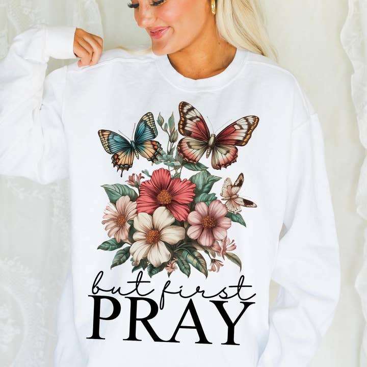 NVC Ecommerce LLC - Wholesale T-Shirt (Graphic) - Women's - But first Pray Shirt, Wildflower Floral Christian Sweatshirt1