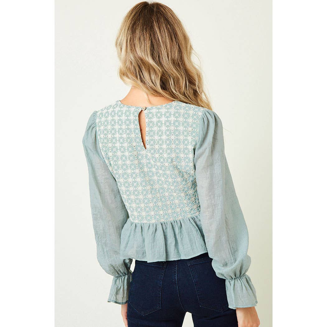 Saints & Hearts - Wholesale Blouse - Women's - ST3319A SAGE EYELET CONTRAST V NECK TOP1