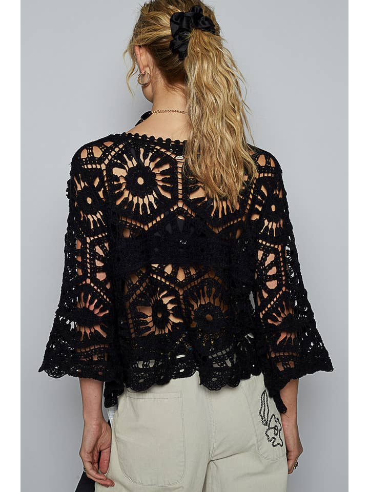 Pol Clothing - Wholesale Knit Top - Women's - Round Neck 3/4 Sleeve Crochet Cropped Top26