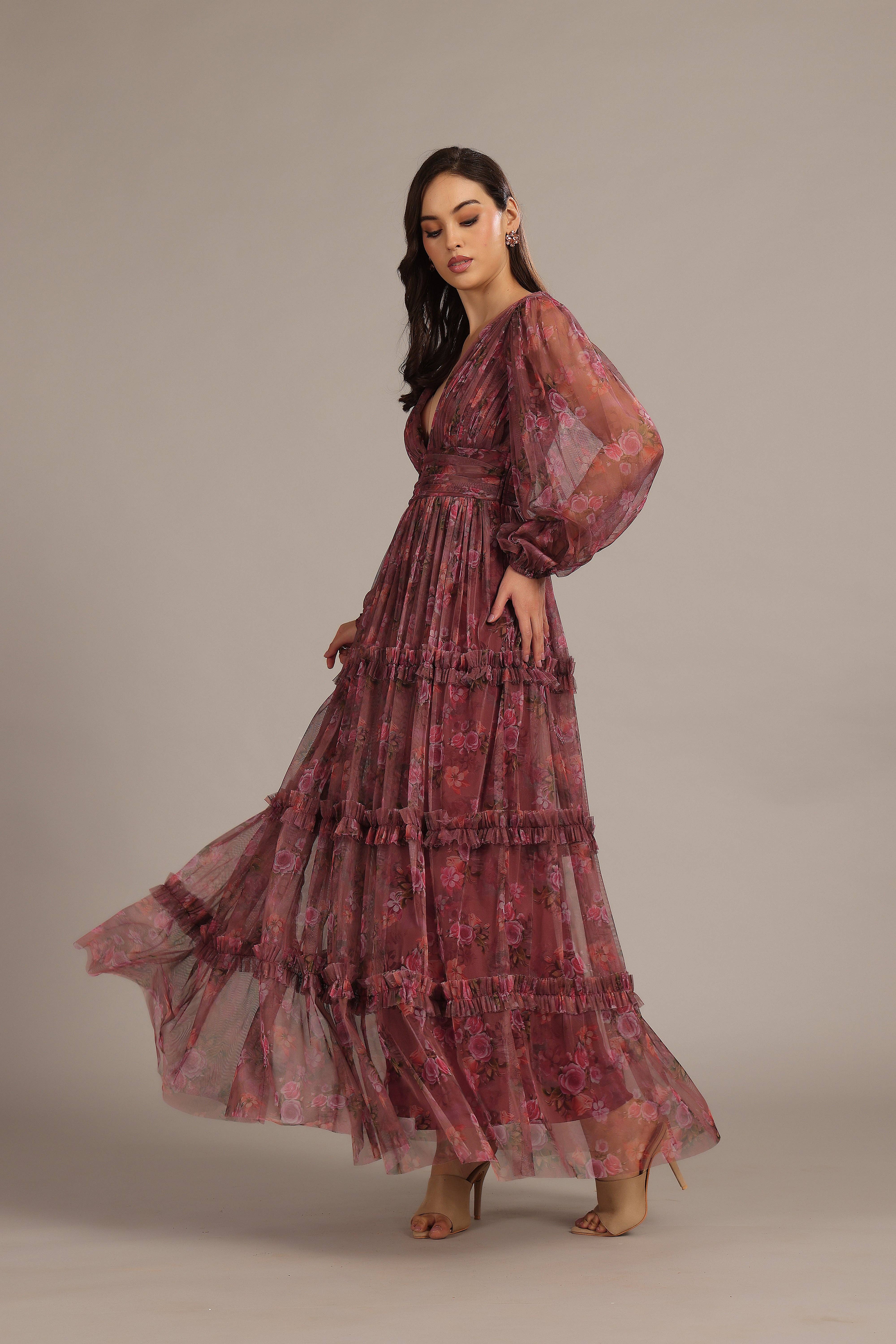 Viola Floreale Abito Maxi Lydia Tulle in Floreale Viola in vendita all'ingrosso su Faire2