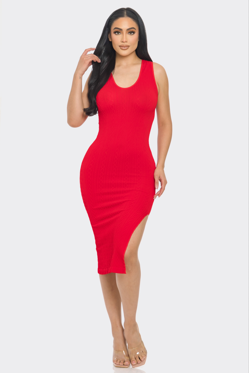 Lime All the Time - Wholesale Dress - Women's - Chain Textured Round Neck Sleeveless Side Split Midi Dress5